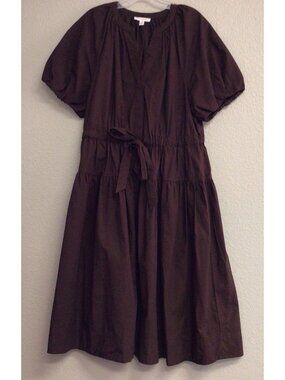 Free Assembly Tiered Midi Dress Brown V-Neck Puff Sleeve Summer Pockets Large